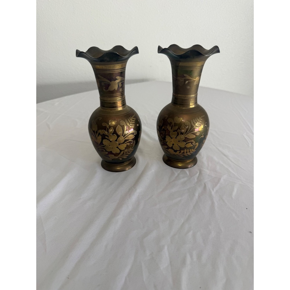 Vintage Etched Brass Elephant Bud Vases Pair Scalloped Rim Floral Boho Decor 8in